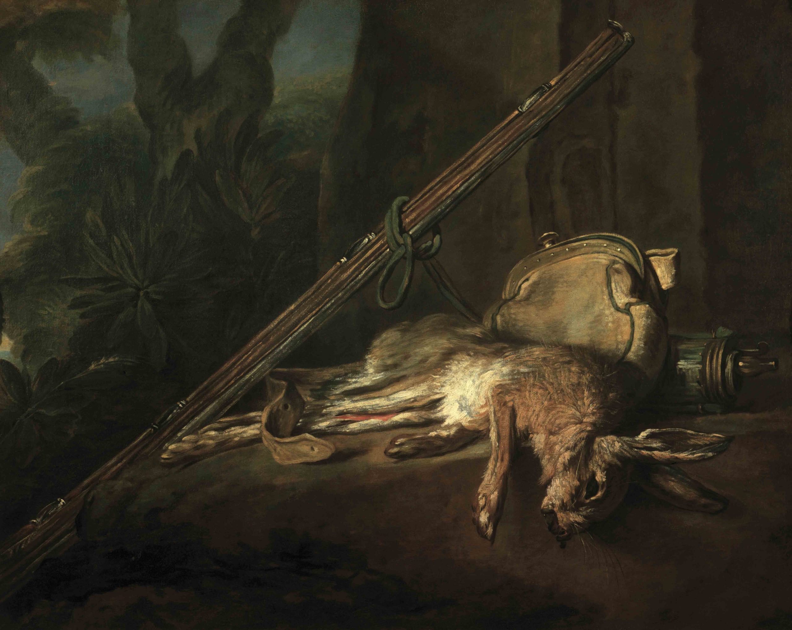 Lièvre mort avec fusil gibecière et poire à poudre par Jean-Baptiste Siméon Chardin
