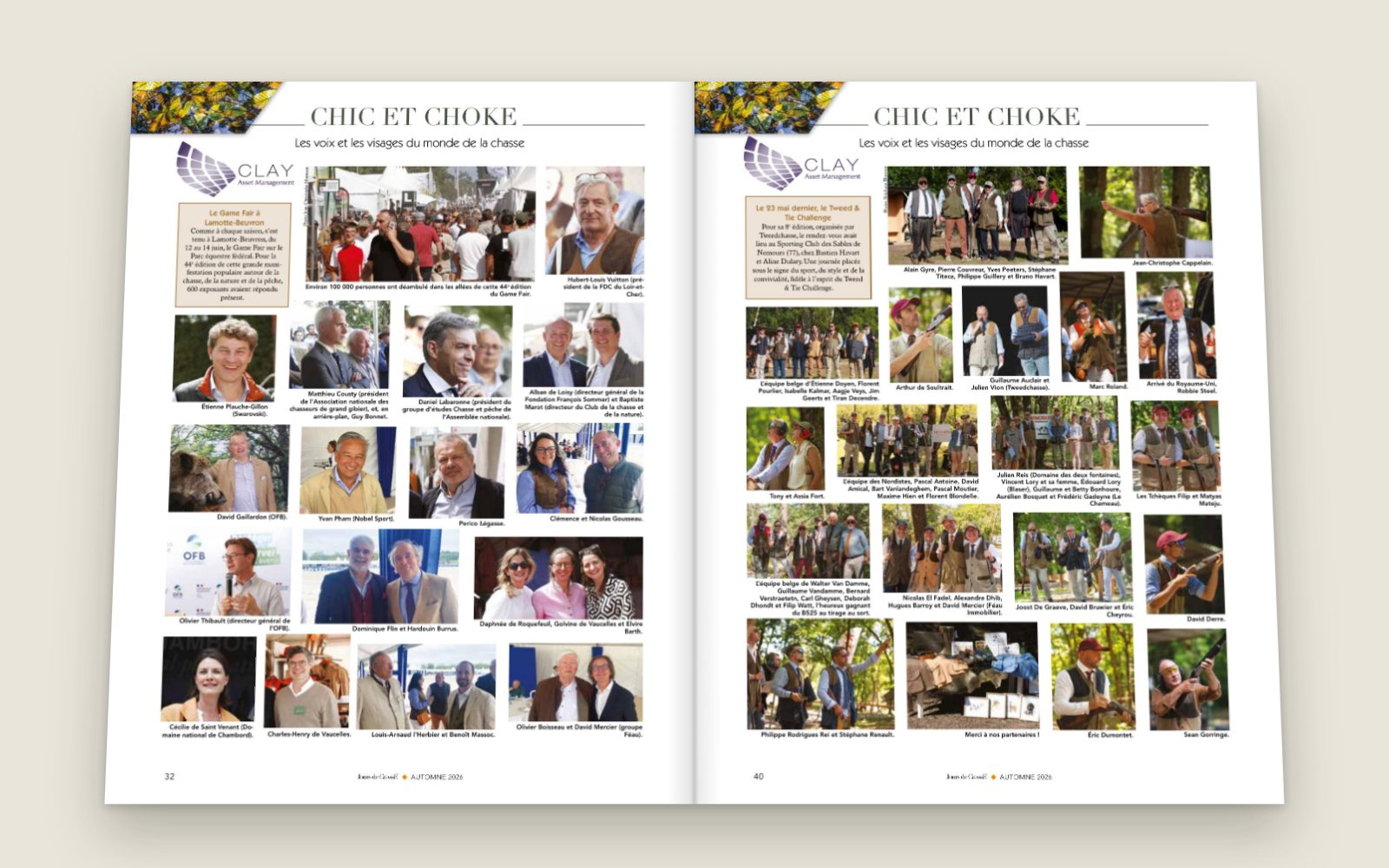 Deux pages de la rubrique Chic et Choke du numéro 105 : le Game Fair de Lamotte-Beuvron et le Tweed & Tie Challenge