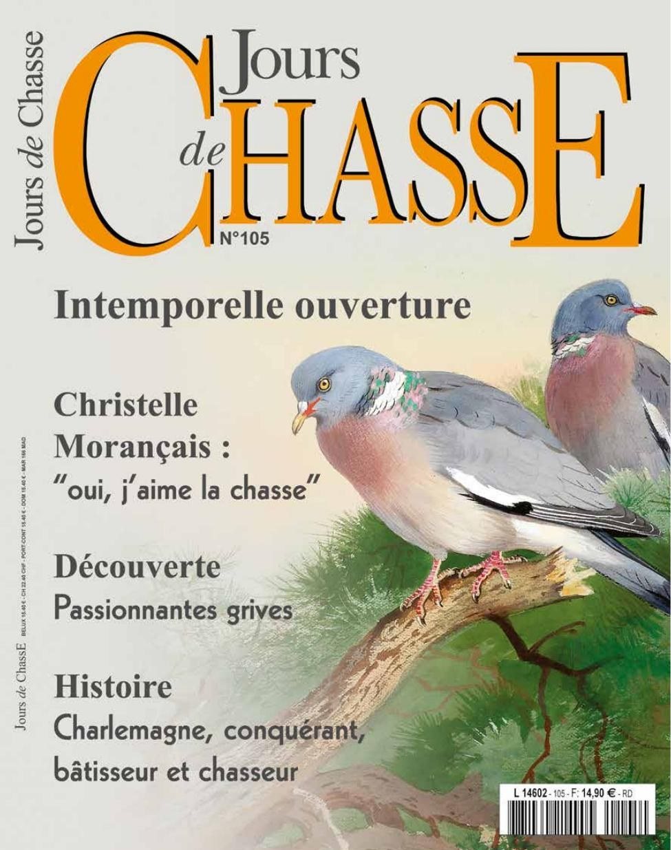 Couverture du numéro 105 de Jours de Chasse : deux pigeons ramiers peints sur une branche de pin