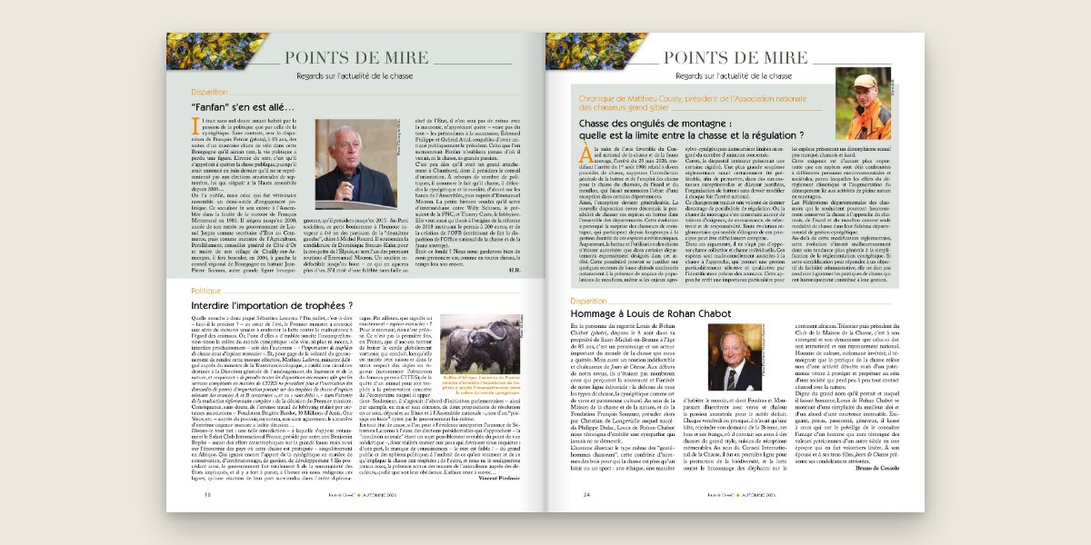 Deux pages « Points de mire » du numéro 105, pages 18 et 24 : les brèves d'actualité de la chasse