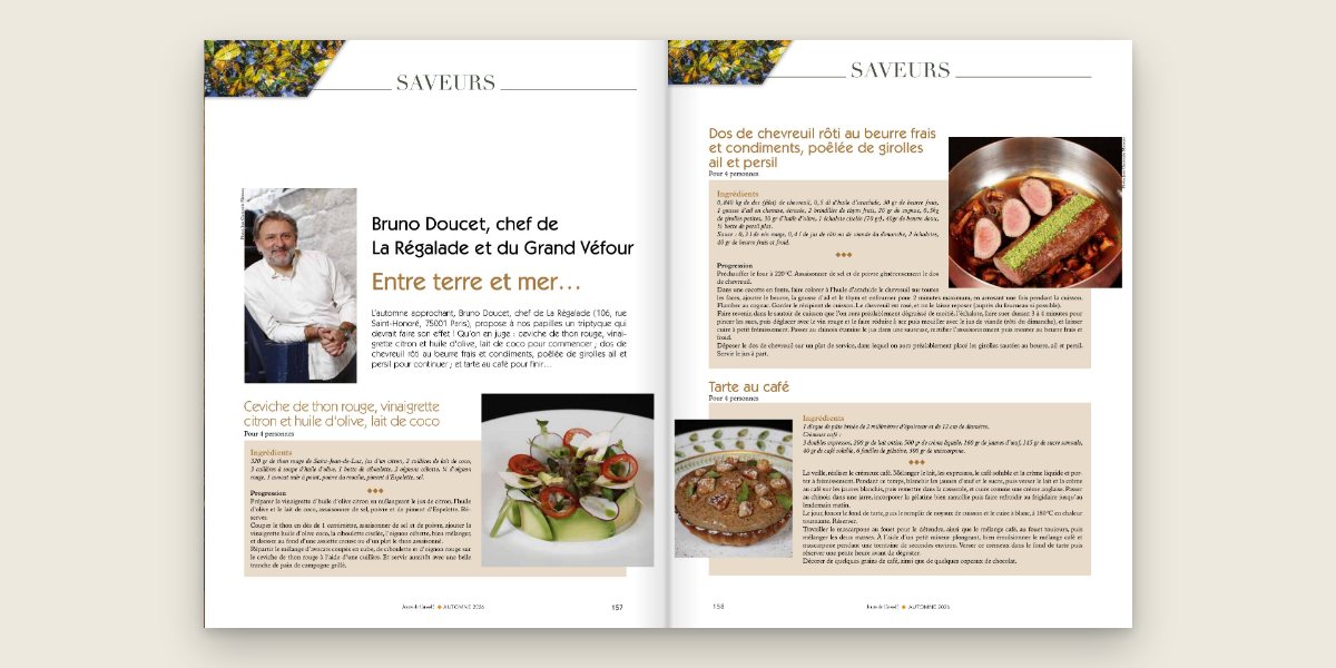 Pages « Saveurs » du numéro 105, pages 157 et 158 : les recettes de Bruno Doucet