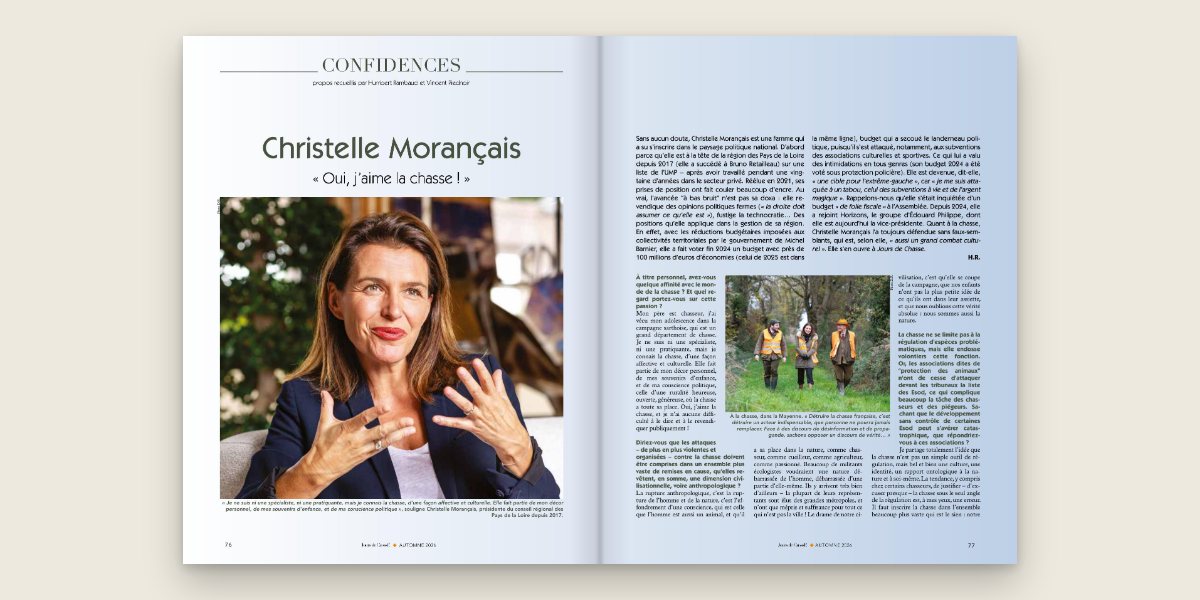 Double page « Confidences » du numéro 105, pages 76 et 77 : l'entretien avec Christelle Morançais